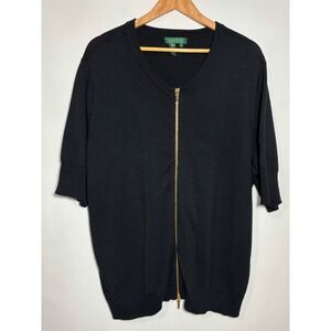 Lauren Ralph Lauren Black Zippered Knit Cardigan Cotton Sweater 3X Short Sleeve